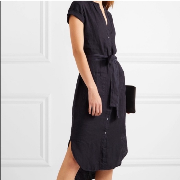 Standard James Sperse Navy Blue 100% Linen Button Front Tie Waist Shirt Dress XS - Picture 2 of 16